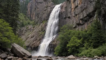 Et vannfall som kaskader ned en steinete fjellside, med frodig grønn vegetasjon rundt.