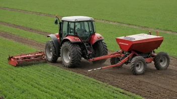 En bonde sprenger gjødsel på en åker med en traktor for å forbedre jordkvaliteten og øke avlingen.