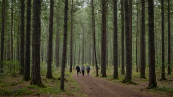 Et fredelig skogområde med mange trær og noen mennesker som går i bakgrunnen.