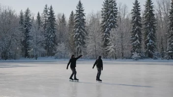 En fredelig vinterscene med en person som går på skøyter på en frossen innsjø, omgitt av snødekte trær.