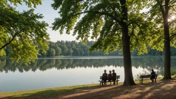 Et fredelig refleksjonssted med mennesker som sitter på benker