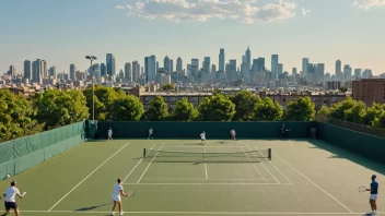 En tennisbane med spillere i bakgrunnen, og et bybilde eller landskap i forgrunnen.