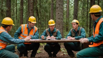 En gruppe skogarbeidere samlet rundt et bord, engasjert i en diskusjon.