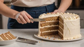 En person som skjærer en kake i stykker, med et smil på ansiktet.