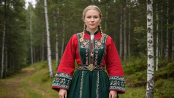 En kvinne som bærer en tradisjonell norsk fjærdress, med en lang skjørt og en overdel med intrikate mønster og design.