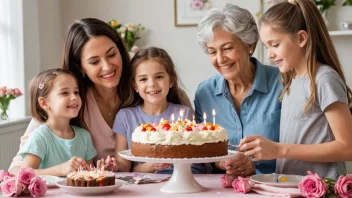 En varm og koselig scene hvor en bestemor er omgitt av sine kjærlige barnebarn, feirer en spesiell dag sammen.