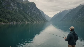 Et fredelig bilde av en person som fisker i en vakker fjord eller hav.