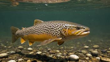 En brunfisk som svømmer i en elv med et naturskjønt bakgrunn.