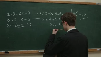 En person løser et matematisk problem på en tavle, med tall og ligninger skrevet med hvit kritt.