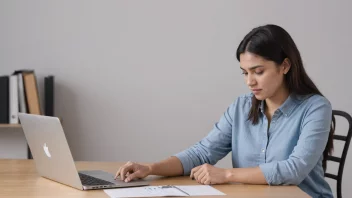 En person som sitter ved et skrivebord med en laptop og papirer, ser fokusert og fleksibel ut