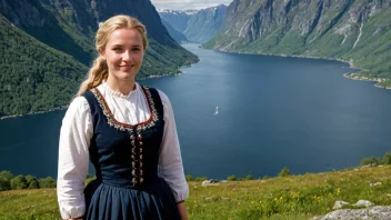 En tradisjonell norsk drakt fra Møre, med et vakkert fjordlandskap i bakgrunnen.