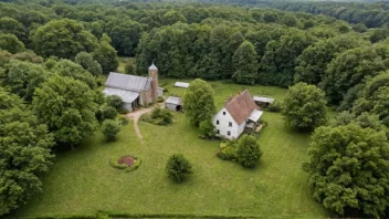 En pittoresk skogsgård med et stort gårdsbygg og flere uthus, omgitt av en frodig hage og tett skog.