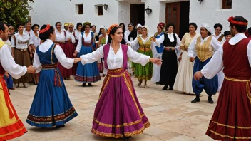 En gruppe mennesker i tradisjonelle kypriotiske klær danser i en sirkel, omgitt av tilskuere.