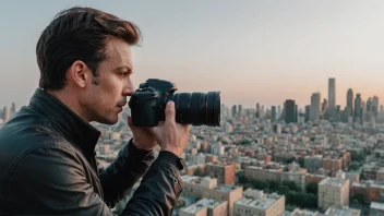 En fotograf justerer et lysfilter på et kameraobjektiv, med en bysilhuett i bakgrunnen