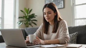 En person som jobber hjemme med en laptop og en kopp kaffe