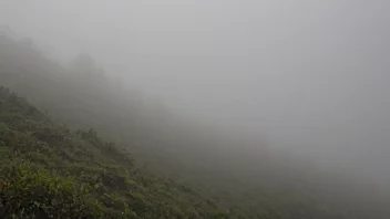 Et tåkeområde i fjellet, med noen trær og steiner synlige gjennom tåken.