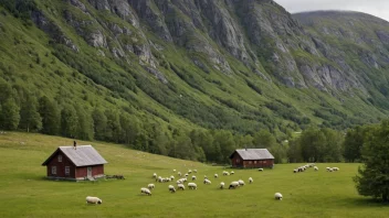 Et tradisjonelt norsk fjellgård med en liten hytte og noen får som beiter i åsene rundt.