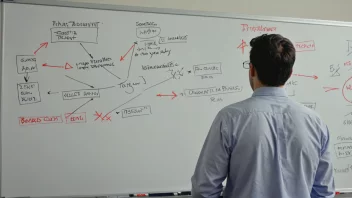 En person som står foran en whiteboard fylt med mislykkede prosjektplaner og diagrammer.