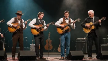 Et bluegrassband som spiller på scenen med tradisjonelle instrumenter