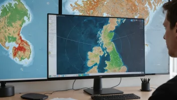En person som analyserer data på en dataskjerm med et kart over Norge i bakgrunnen