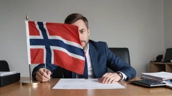 En person som betaler skatt ved et skrivebord med et norsk flagg i bakgrunnen.