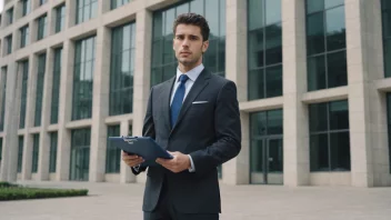 En facilitetsleder som står foran en stor bygning, med en clipboard og en penn.