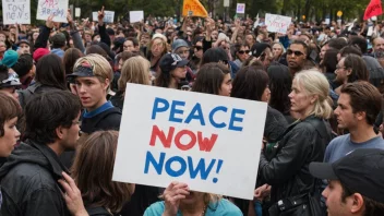 En person som holder et skilt som sier 'Fred nå' i en folkemengde av demonstranter, symboliserer en fredsaktivist