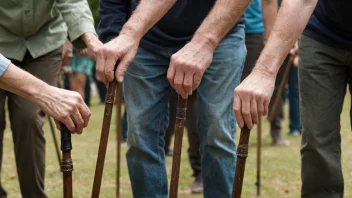 En gruppe mennesker som bruker stokker, med fokus på stokkene og menneskenes hender og armer.