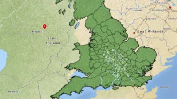 Et kart over England med ØstMidlands-regionen fremhevet