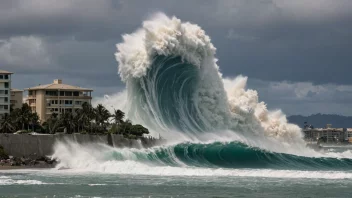 En kraftig tsunami bølge som ødelegger en by.