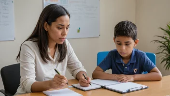 En sosialarbeider og et barn sitter ved et skrivebord, med sosialarbeideren ser bekymret ut og tar notater.