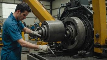 En fabrikkarbeider i en blå jumpsuit utfører metallvedlikehold på en stor industriell maskin.