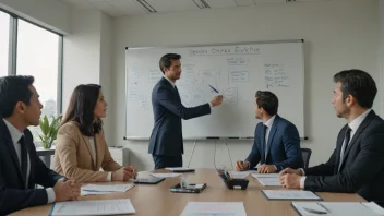 En gruppe mennesker i et møterom, som ser på en whiteboard med et flytdiagram og tar en beslutning.