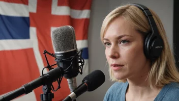 En person som holder en mikrofon i et radiostudio med et norsk flagg i bakgrunnen