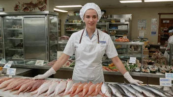 En fiskebehandler som står foran en fiskedisken