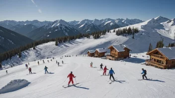 En gruppe mennesker som kjører ned en fjellside på ski, med en leir eller hytte i bakgrunnen.