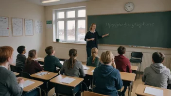 Et klasserom med studenter og en lærer, som illustrerer konseptet oppbyggingskurs.