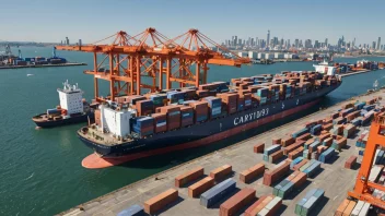 Et containerskip fortøyd ved en havn, med last som blir losset og transportert til et nærliggende lager.