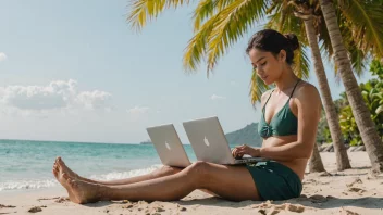 En person som jobber på laptop på en strand med tropisk bakgrunn