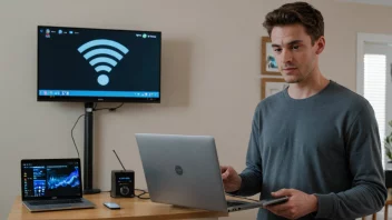 En person som sjekker WiFi-signalstyrken i et rom.