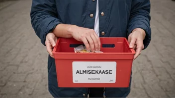 En person holder en almissekasse for veldedighet.