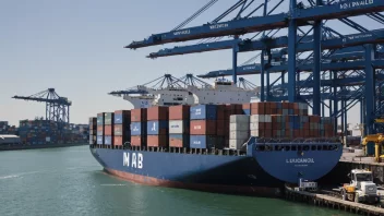 Containerskip fortøyd ved en havn, med last som blir losset og transportert til et nærliggende lager.