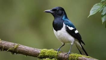 En svart og hvit fugl med lang hale og et karakteristisk kall, sittende på en gren i en frodig grønn hage.