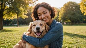 En person som viser kjærlighet til en glad hund i en park.