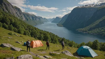 Et idyllisk og malerisk landskap av en norsk fjord, med mennesker som nyter utendørsaktiviteter som fotturer og camping, samtidig som det vises en subtil tilstedeværelse av industriell aktivitet i bakgrunnen.