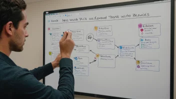 En person som koordinerer oppgaver og ressurser på en whiteboard eller et digitalt verktøy, med en bakgrunn av et prosjektteam som arbeider sammen.