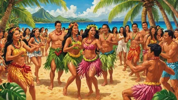 En tradisjonell hawaiisk luau med mennesker som danser, spiser og har det gøy.