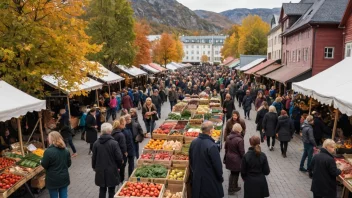 En livlig høstmarked i Norge med boder som selger lokale matvarer, drikke og håndverk.