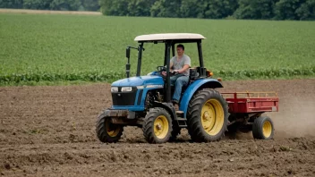 En person som kjører en traktor gjennom et jorde med et landlig landskap i bakgrunnen.