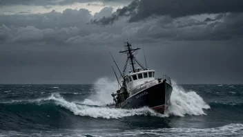 En fiskebåt som kjemper for å holde seg flytende i røft sjø.